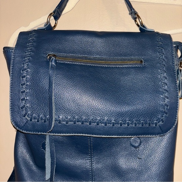 The Sak Blue Pebbled Leather and Canvas Whipstitch Flap Backpack - Picture 2 of 16